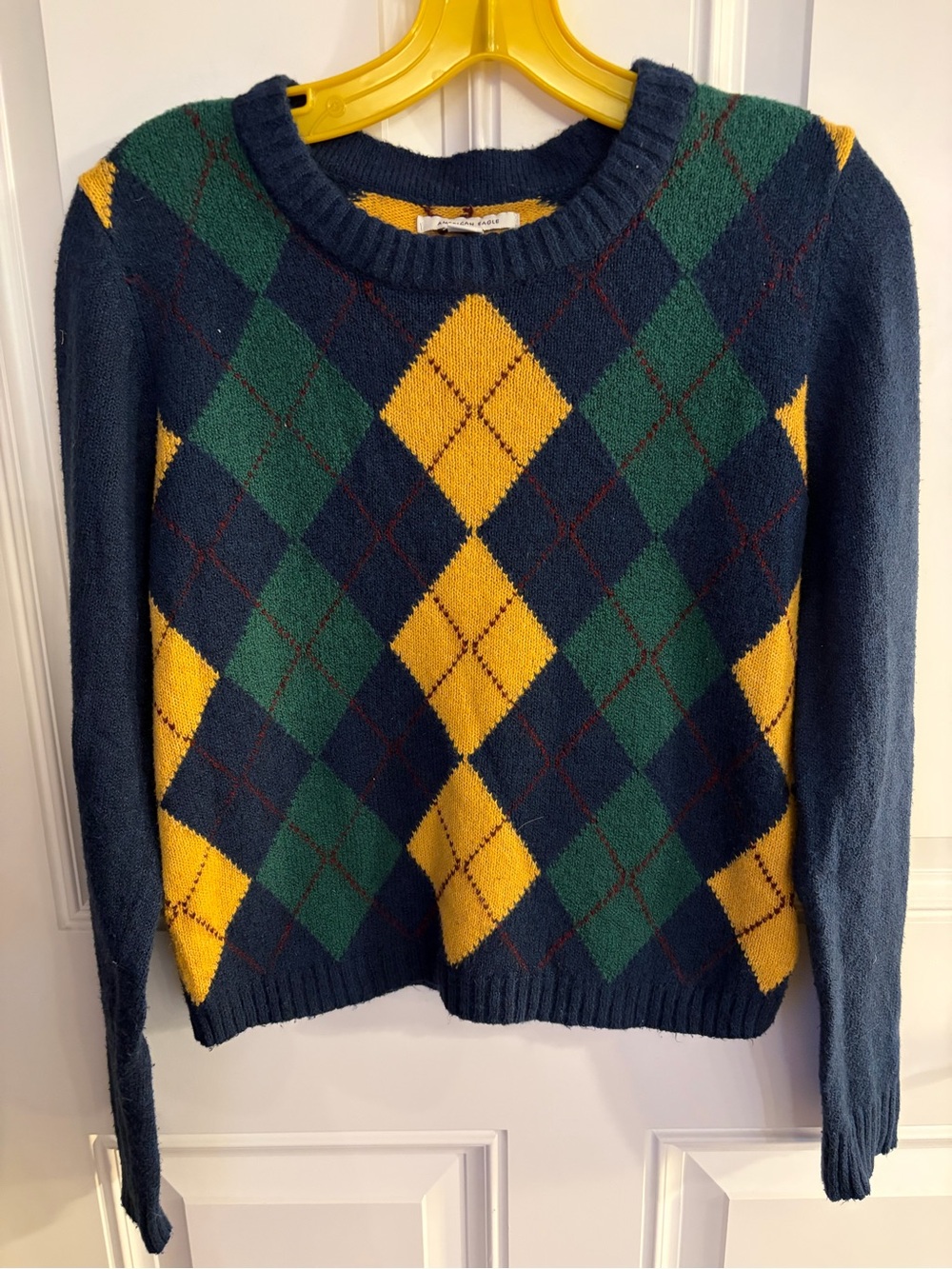 American Eagle Outfitters Navy, Green & Yellow Argyle Crewneck Sweater